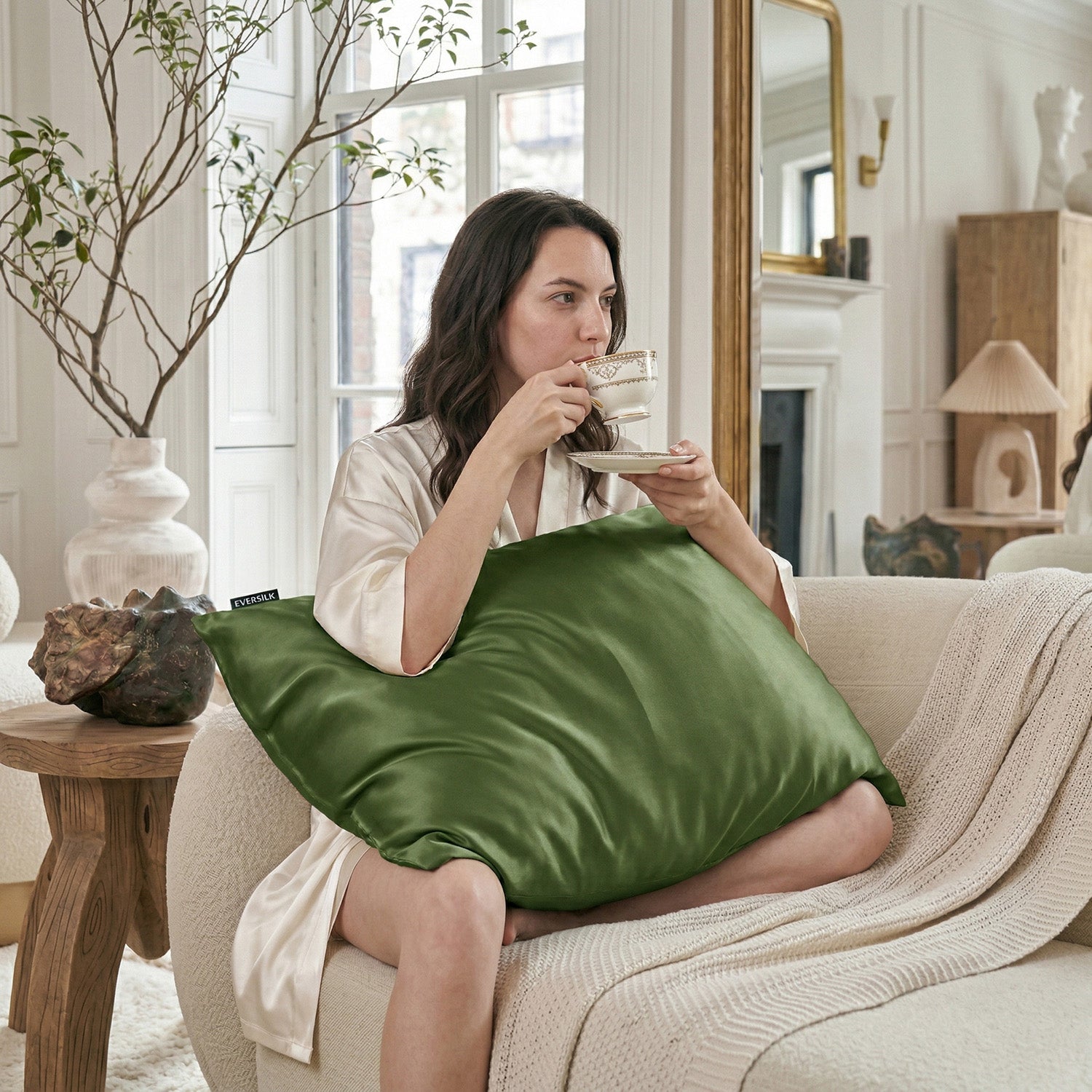 Taie d'oreiller 100% pure soie de mûrier - Olive - Euro - EVERSILK.fr