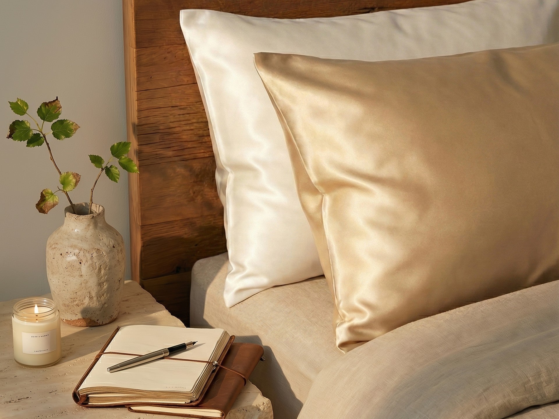 Taie d’oreiller en soie EVERSILK sur un lit, pour comparer la soie et le satin