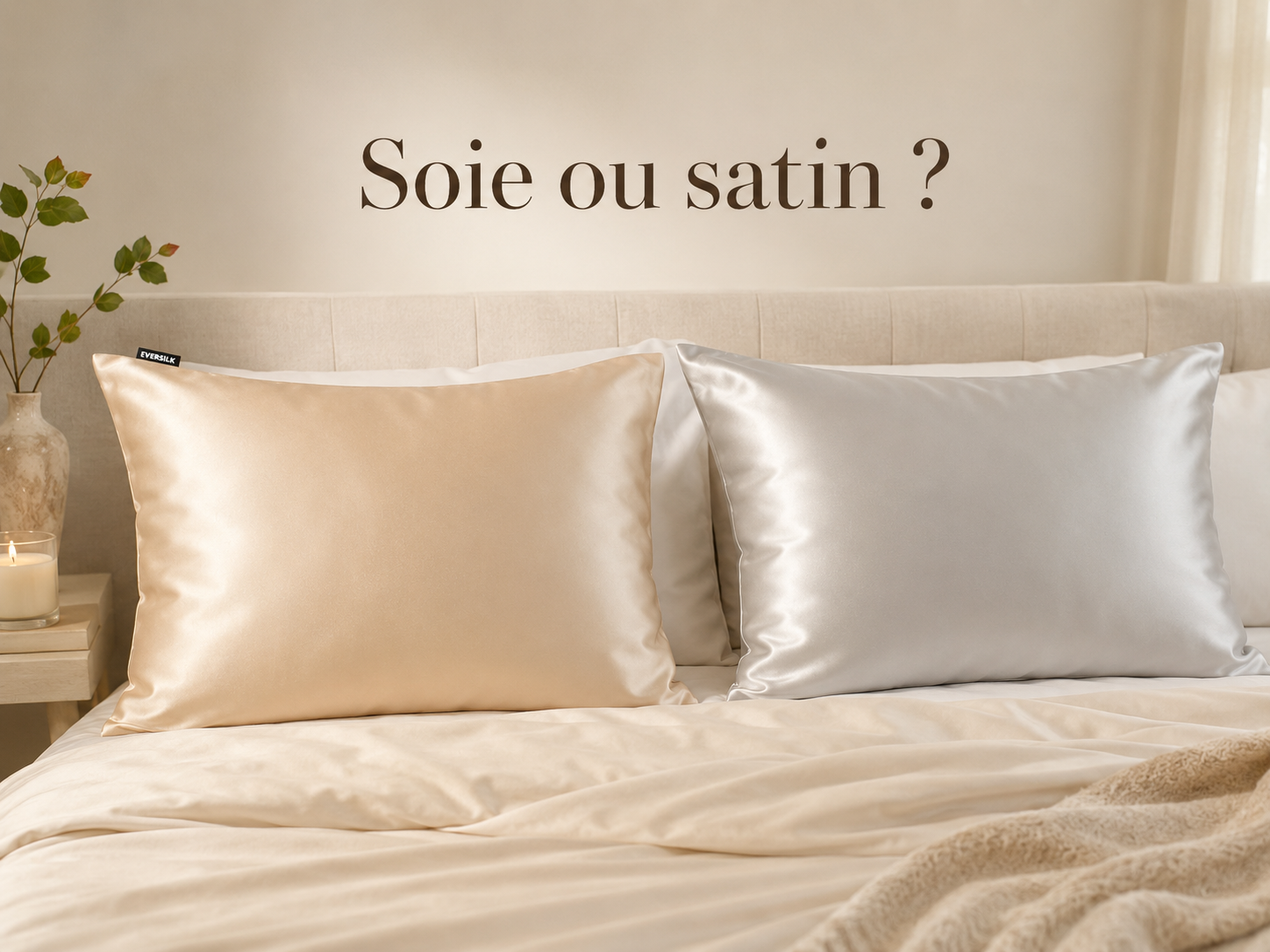 Taie en soie et taie en satin présentées dans une chambre