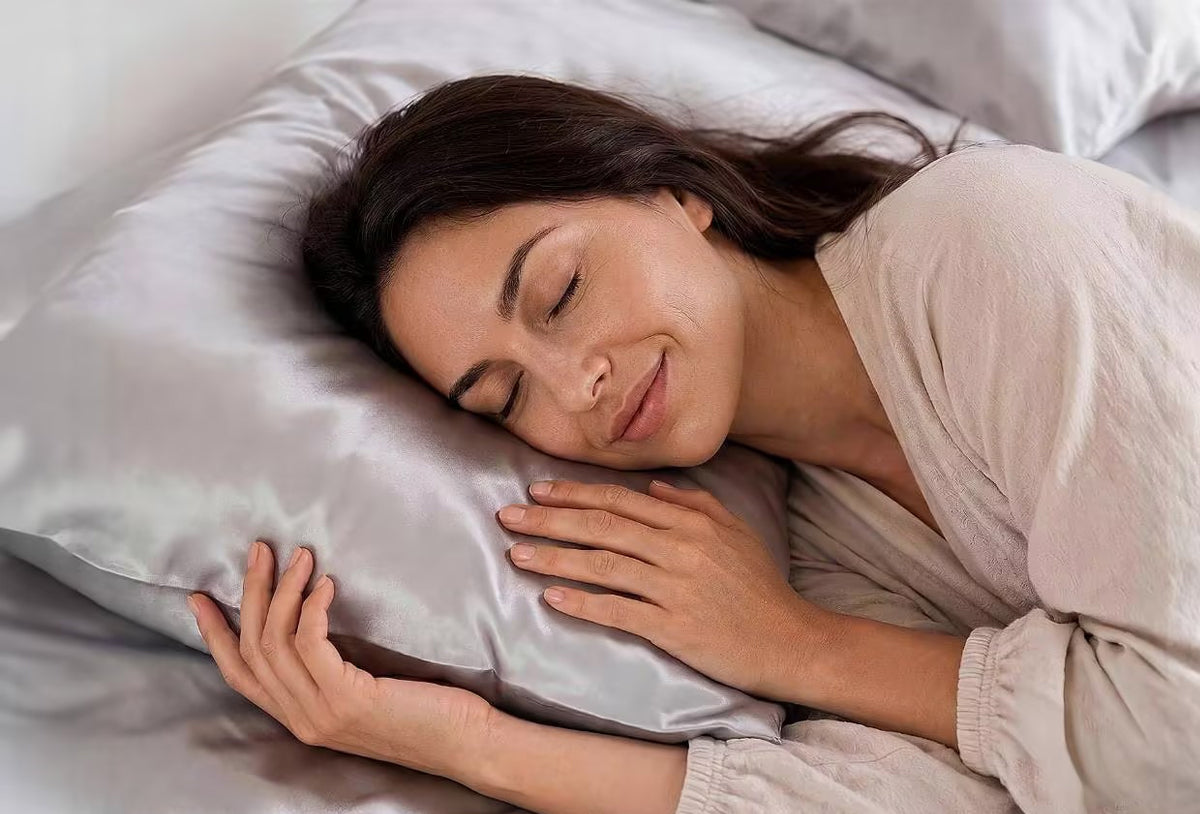 Femme dormant paisiblement sur une taie d'oreiller en soie Eversilk, pour illustrer un sommeil profond et une meilleure réparation cutanée