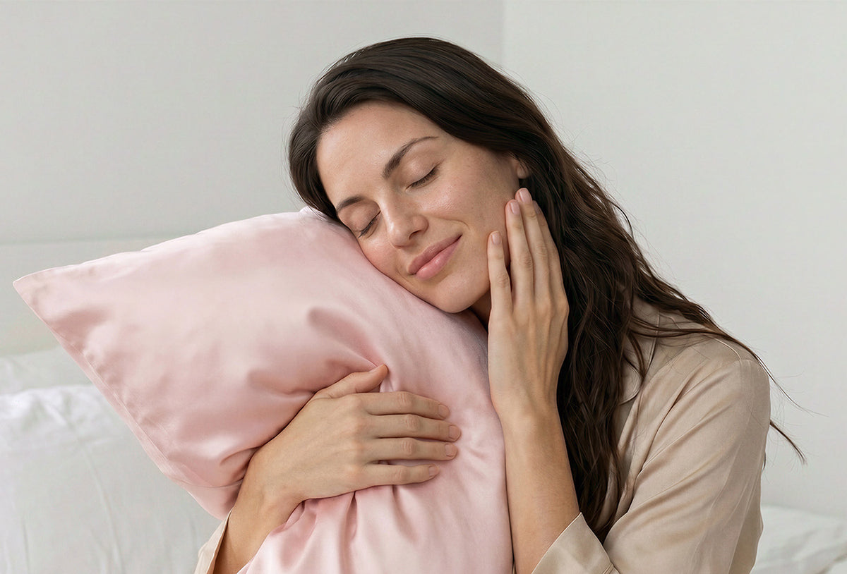Femme dormant paisiblement sur une taie d'oreiller en soie Eversilk, illustration du confort pour peaux sensibles, sans irritation