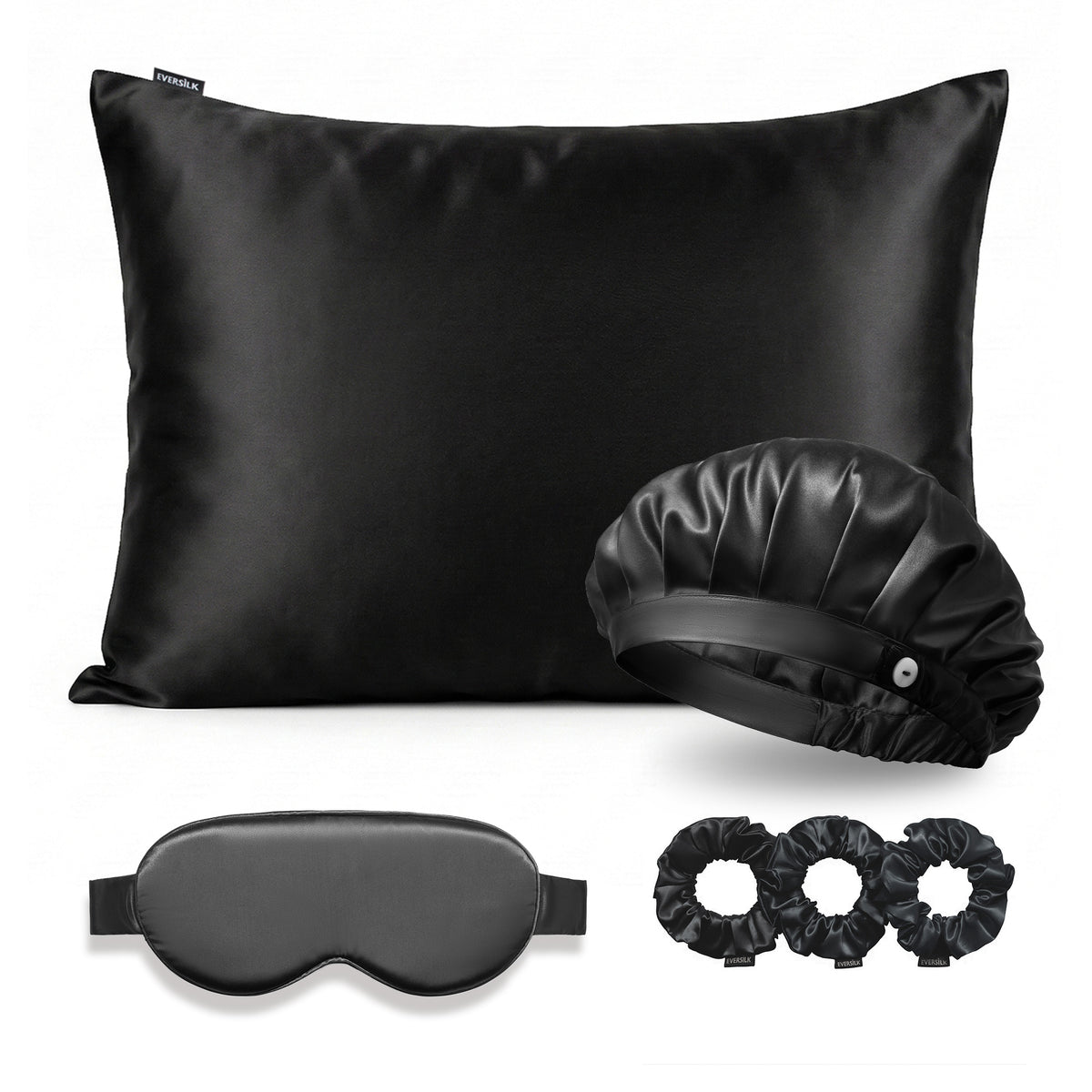 Coffret Signature EVERSILK — Taie d’oreiller + Masque de nuit + Bonnet + Chouchou - Noir