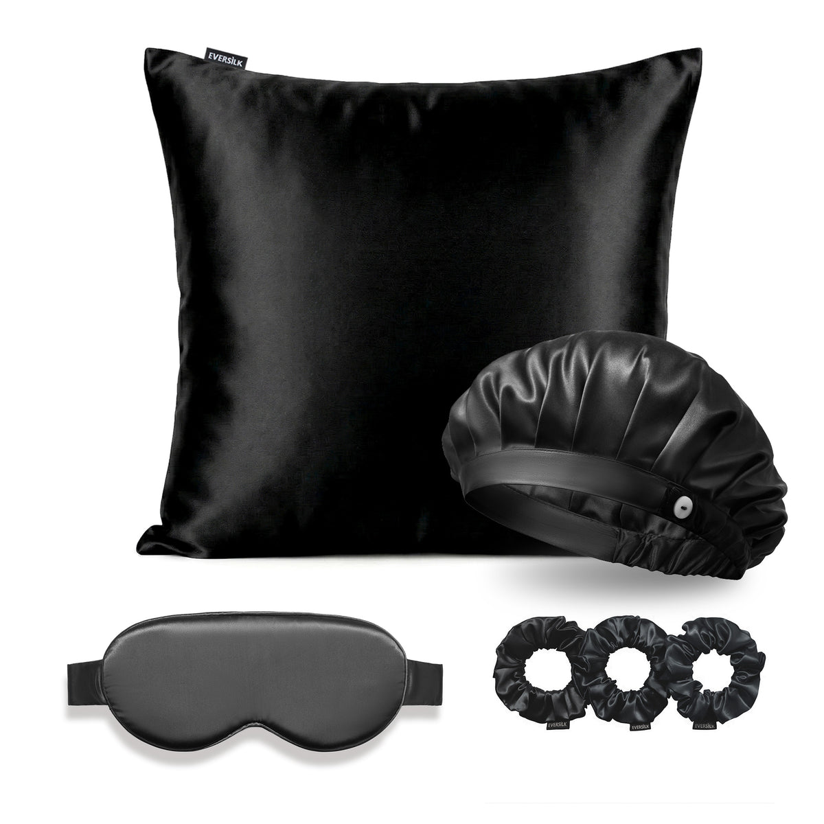 Coffret Signature EVERSILK — Taie d’oreiller + Masque de nuit + Bonnet + Chouchou - Noir
