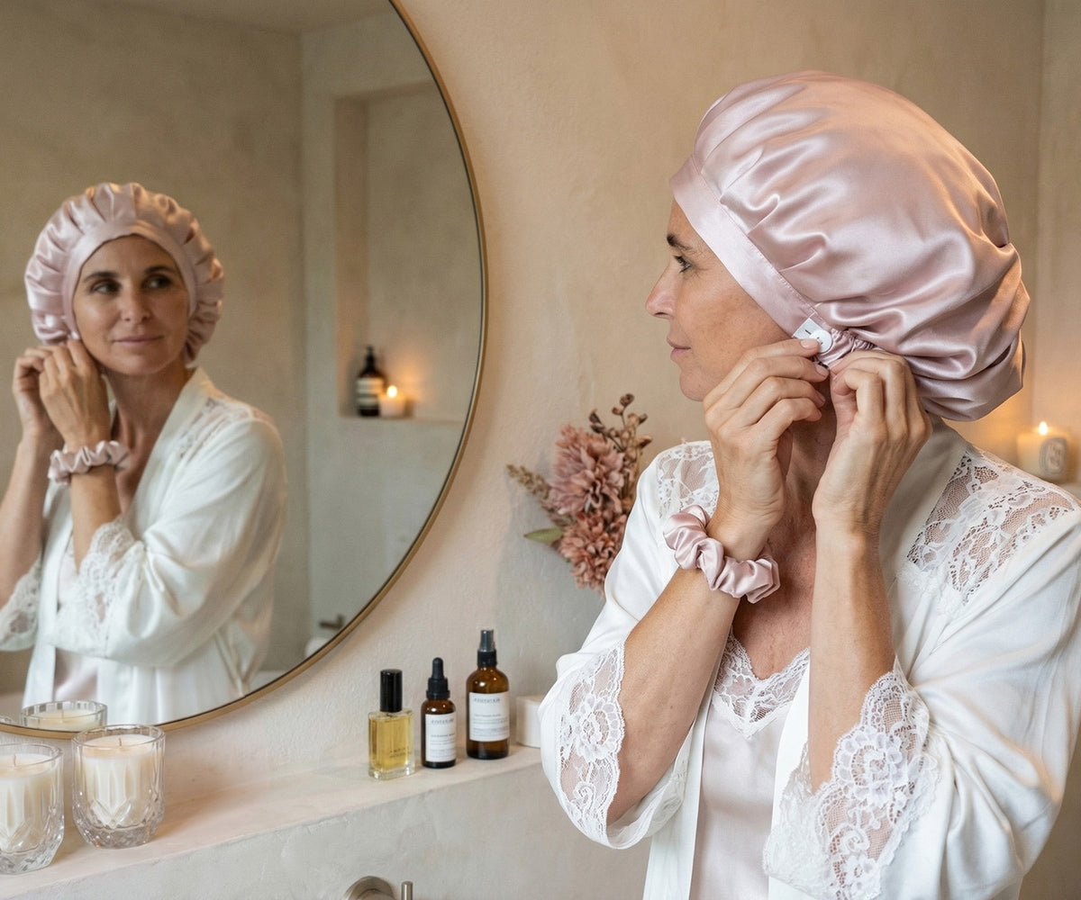 Femme ajustant son bonnet de nuit en soie rose dans la salle de bain, avec un scrunchie assorti.