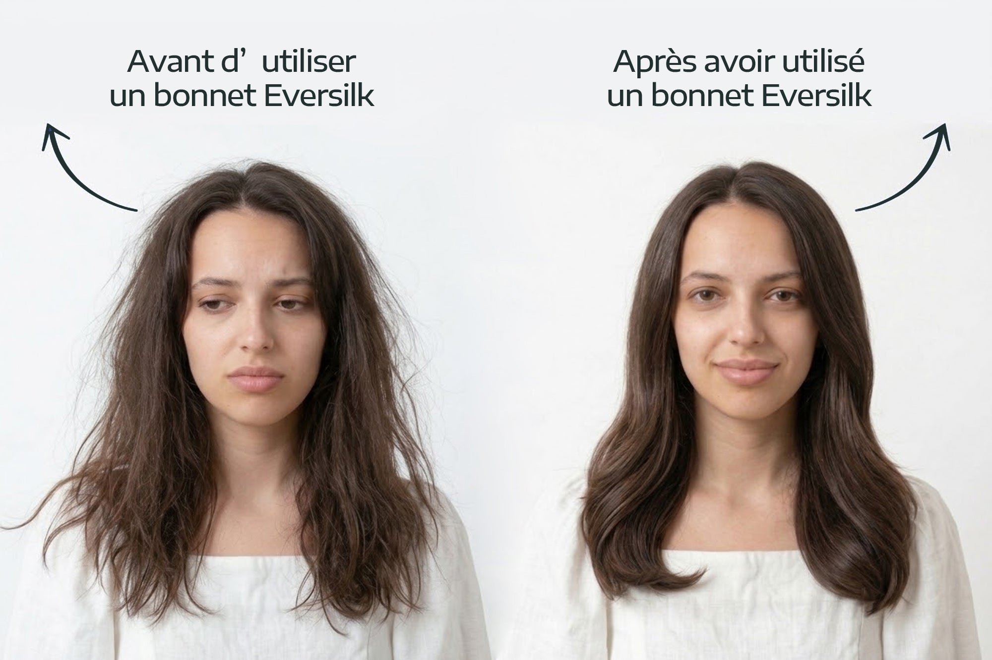 Comparaison avant après utilisation du bonnet en soie Eversilk, soin capillaire anti-frisottis